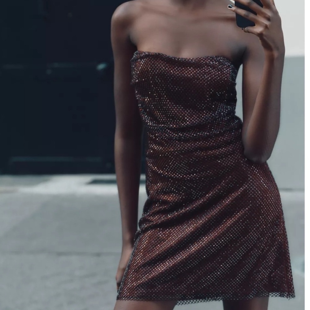 ZARA Sparkly Strapless Mini Dress. Eggplant. New, S